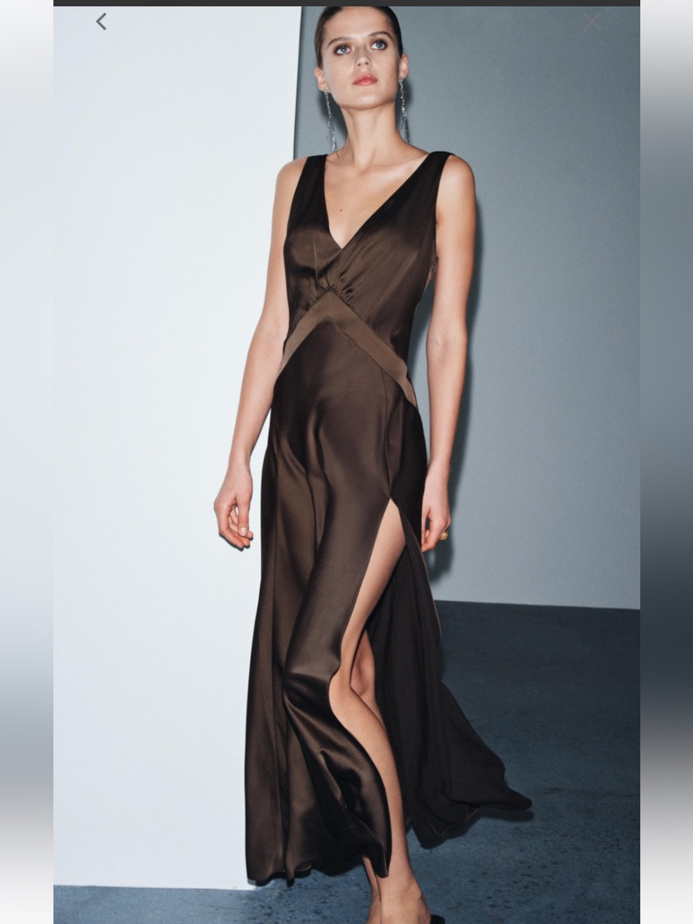 Zara Chocolate-Brown Satin V-Neck Maxi Dress with High Side Slit
